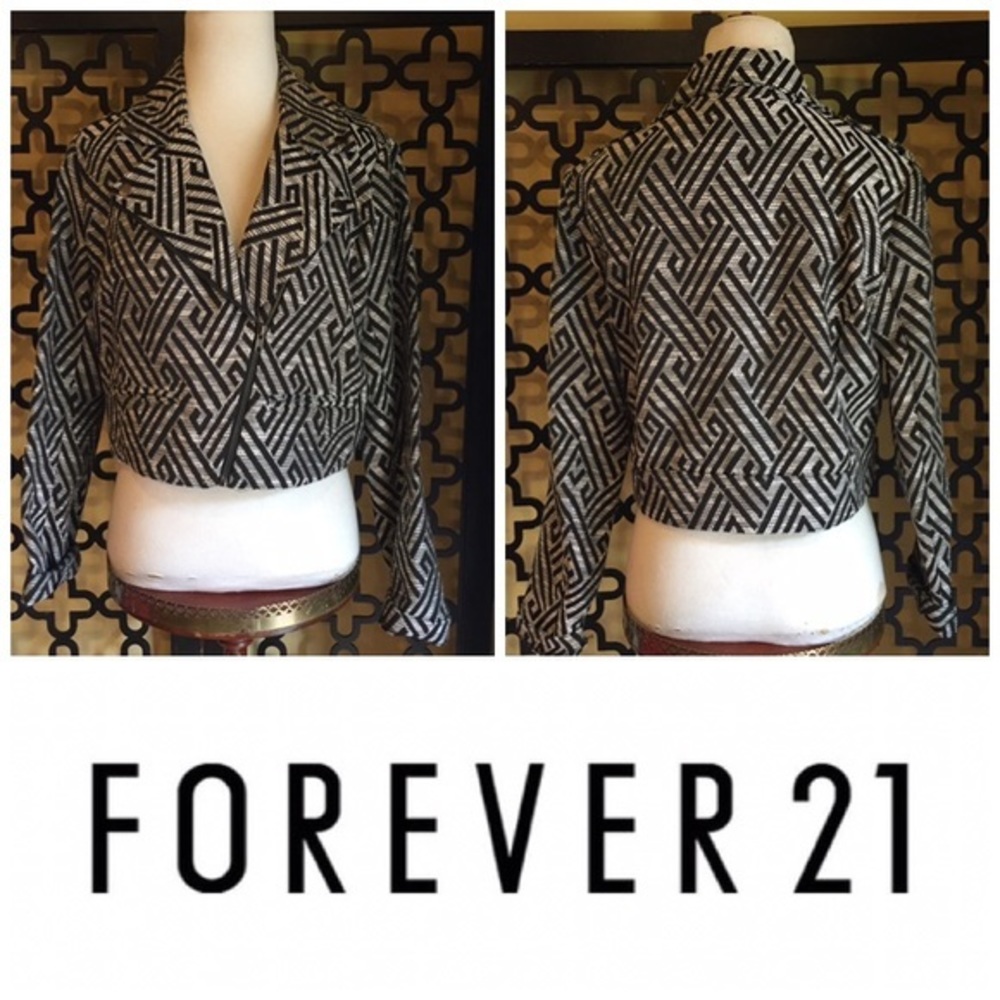 FOREVER 21 BLACK SILVER JACKET WITH GEOMETRIC DESIGN Size Medium